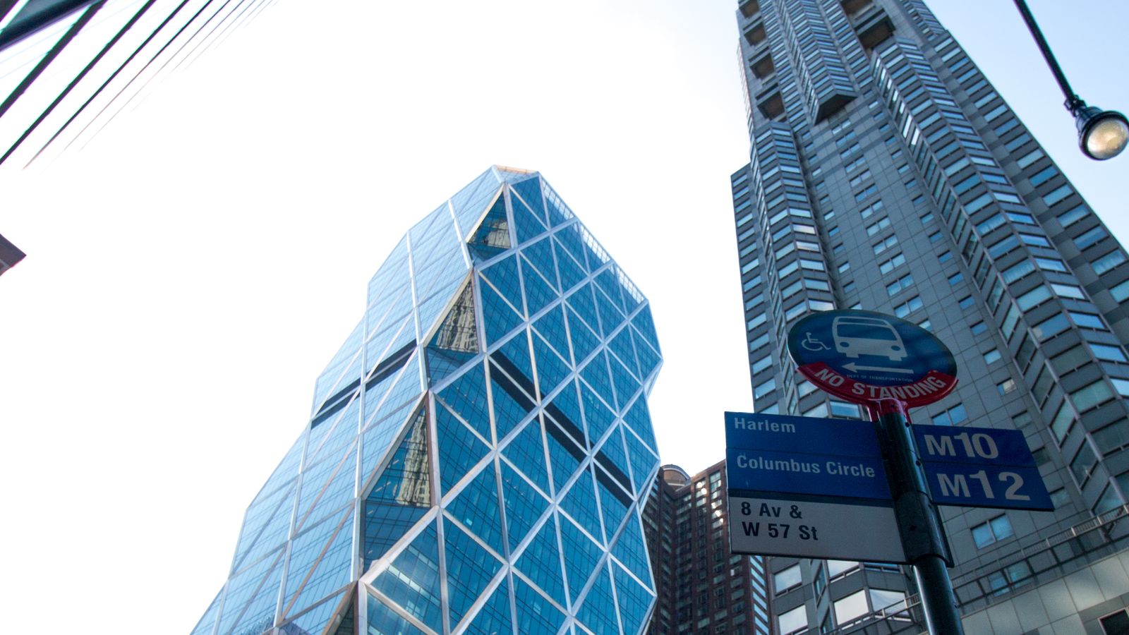 Looking up at the diagrid glass facade of Hearst Tower in Manhattan.